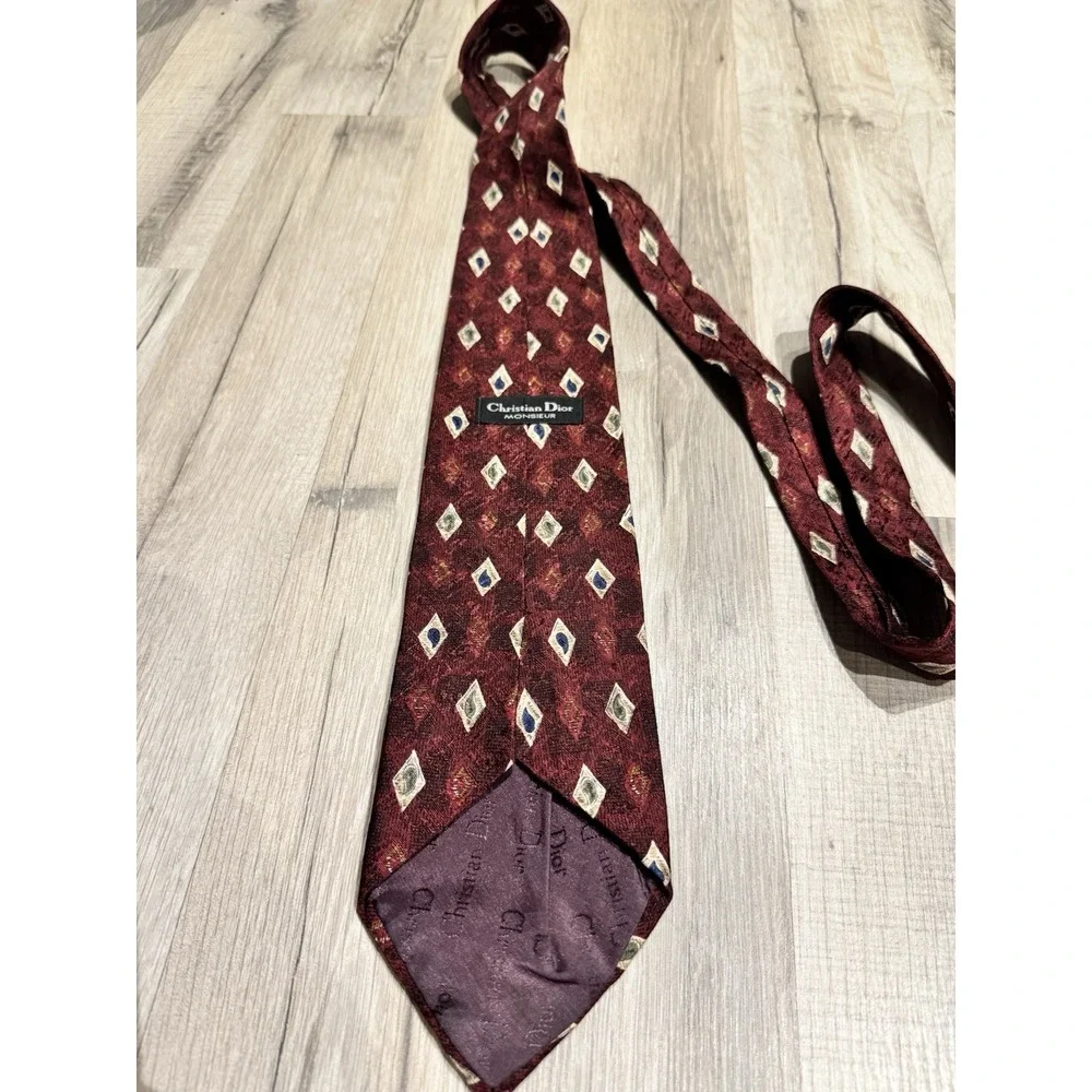 Vintage Christian Dior Monsieur 100% Silk Burgundy/Blue/Beige Geometric Woven